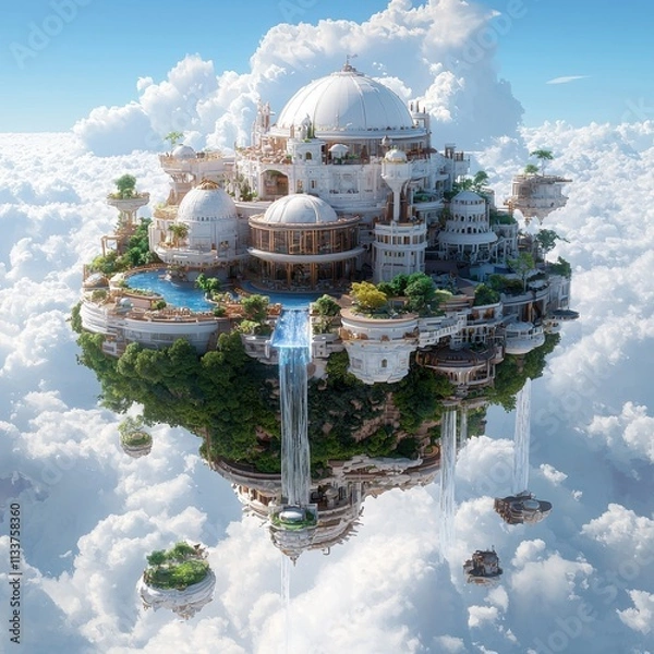 Fototapeta Floating Fantasy Island with Lush Gardens and Cascading Waterfalls
