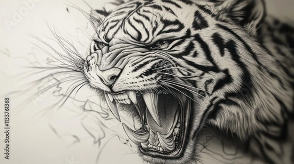 Obraz Close-up of a snarling tiger's head, detailed pencil sketch.