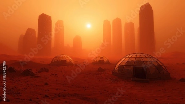 Fototapeta Futuristic Martian Colony with Domes Under a Dusty Orange Sky
