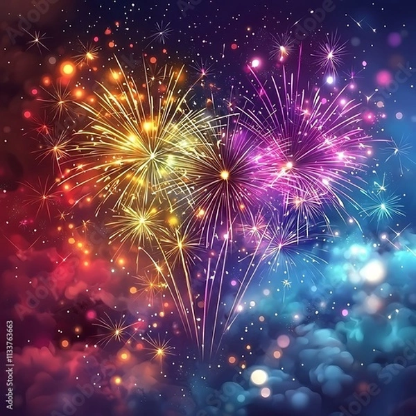 Obraz Vibrant Fireworks Display Exploding in a Night Sky with Colorful Lights and Bokeh Effects.