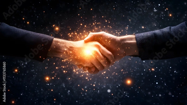Fototapeta Two hands shake in a cosmic setting, radiating light, symbolizing unity and connection amidst a starry backdrop