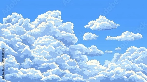 Obraz Pixel art clouds floating horizontally on blue sky background