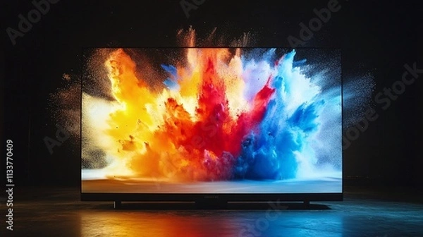 Fototapeta TV screen with colorful smoke explosion on dark background. 3D rendering.