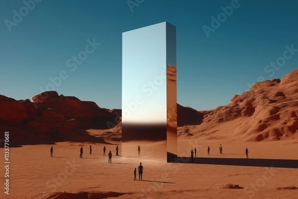 Fototapeta Futuristic monolith in a desert landscape with silhouettes of people exploring the surreal setting