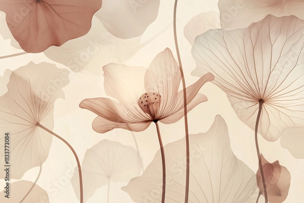 Fototapeta Macro photograph showcasing the intricate beauty of beige transparent flower petals and leaves perfect for use as a natural wallpaper or background.