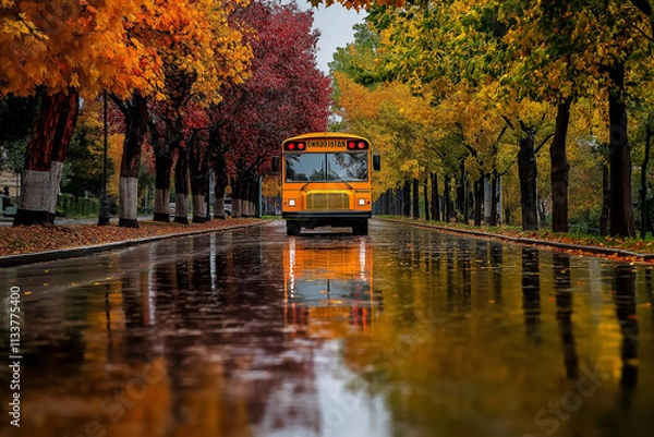 Fototapeta Autumn season, back to school season, school bus on the way in Autumn forest