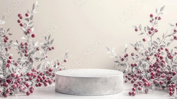 Fototapeta Festive Silver Podium with Snowy Berries and Copy Space