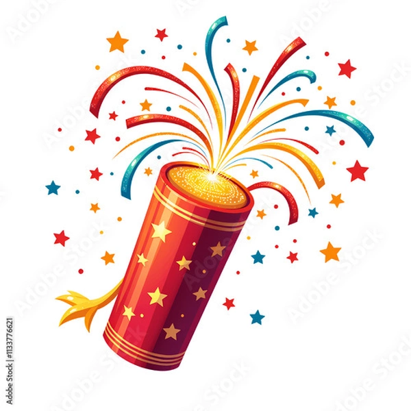Fototapeta Vibrant firecracker with colorful sparks and stars for celebration themes, digital artwork of festivity concept.