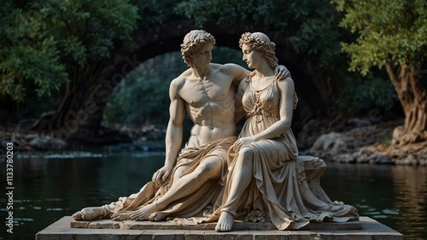 Fototapeta Statue of Orpheus, the god of love, embracing Eurydice with lotus flowers symbolizing life and death at his feet, and the dark river of Hades in the backdrop, carvings depicting his tender yet fateful