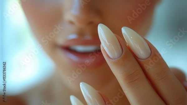 Fototapeta Close-up of a person showcasing elegant, manicured nails and a bright smile.