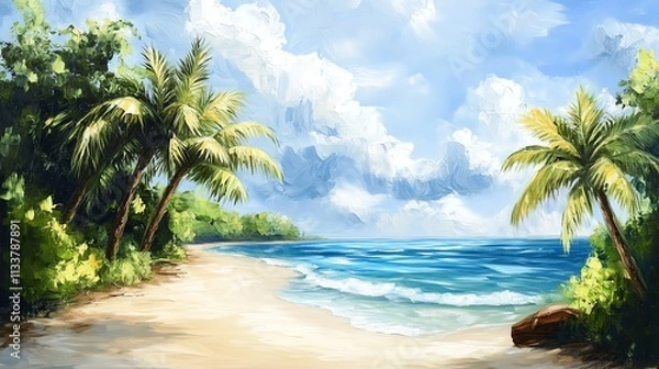 Fototapeta Tropical beach with palm trees and ocean waves under a bright blue sky.