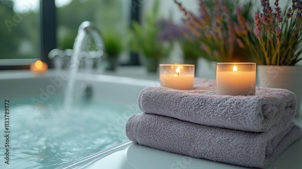 Obraz A serene bathroom scene with candles, towels, and a relaxing atmosphere.