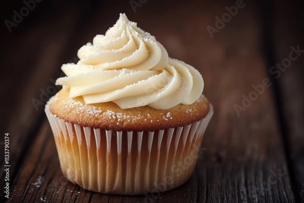 Fototapeta Delicious Vanilla Cupcake with Creamy Frosting and Sprinkles Surrounded by Rustic Wooden Background for Charming Dessert Photography
