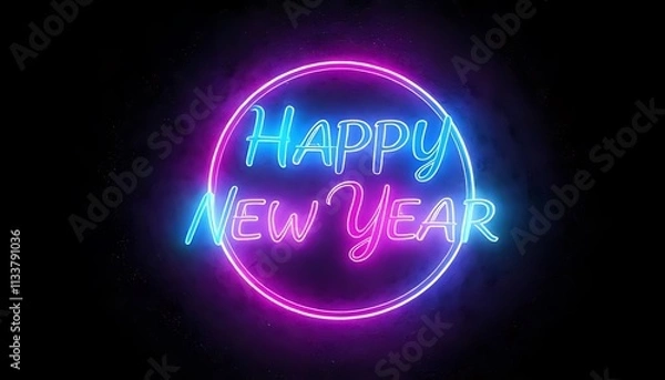 Obraz A vibrant neon sign displays the message "Happy New Year" in bright pink and blue against a dark background.