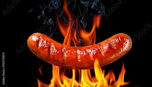 Obraz A grilled sausage surrounded by vibrant flames, creating a dynamic and appetizing visual against a dark background.