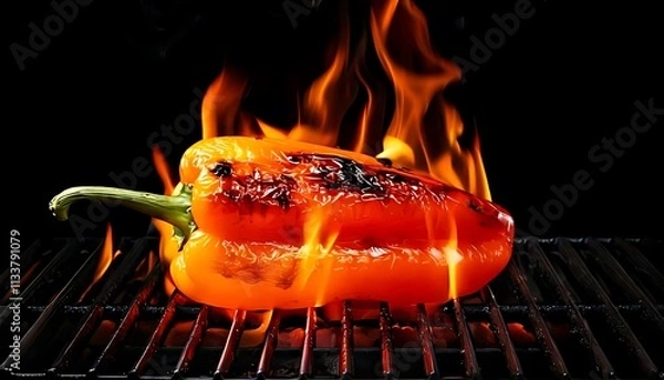 Obraz A vibrant red pepper grilling over flames, showcasing its charred skin on a black background, highlighting the art of cooking.