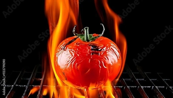 Obraz A vibrant red tomato is engulfed in flames, showcasing the contrast between fresh produce and intense heat.
