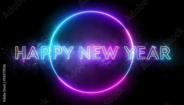 Obraz A vibrant, neon-themed "Happy New Year" message with a glowing circle, set against a dark background, celebrating the festive spirit.