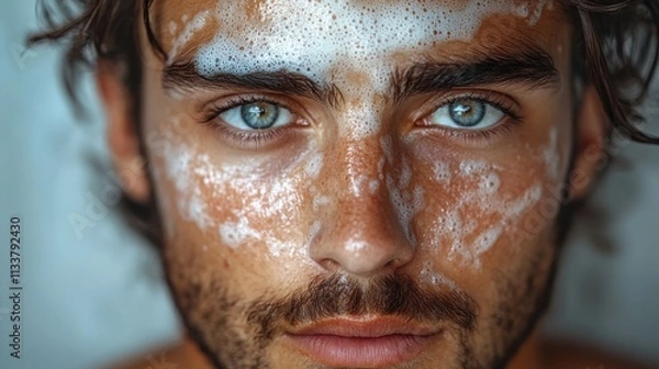 Obraz A close-up of a young man with a facial treatment, showcasing skin care routine.