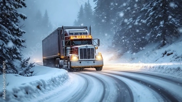 Fototapeta A heavy-duty truck drives cautiously on a snow-covered road in harsh winter weather, with visibility reduced due to heavy snowfall.