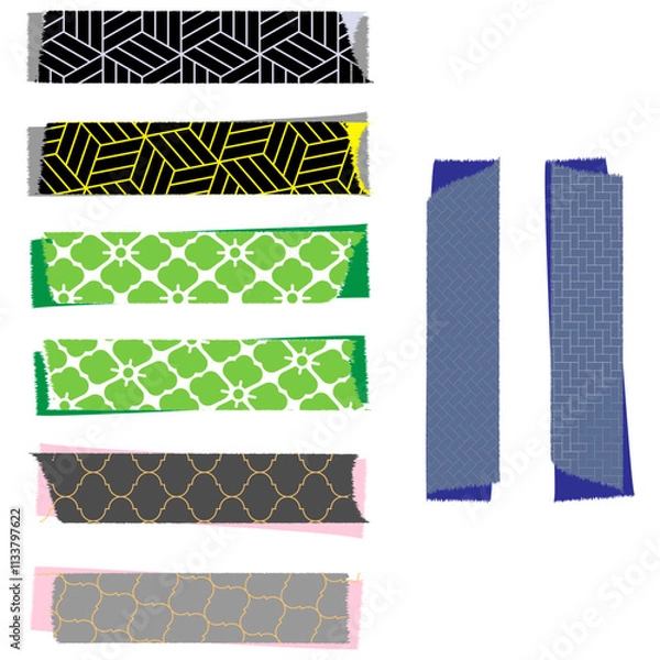 Obraz 8種類の和柄マスキングテープで、組み合わせは白と黄色の亀甲網代、緑の花菱、黒と灰色のモロッカン柄、紺の檜垣