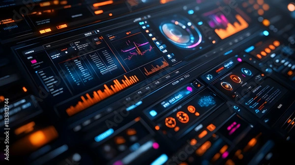 Fototapeta A futuristic dashboard displaying data analytics and visualizations in vibrant colors.