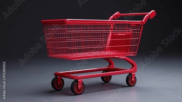 Fototapeta A vibrant red shopping cart sits on a dark surface
