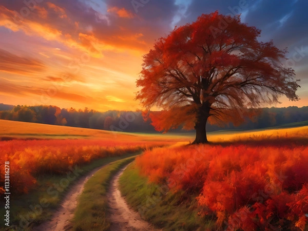 Obraz Autumn sunset with a wide and a tree