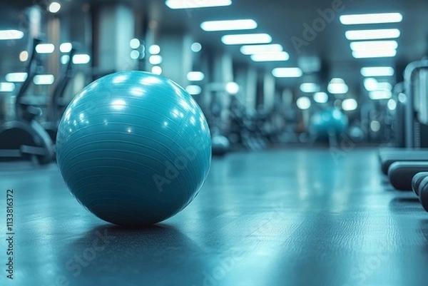 Obraz Teal exercise ball in a modern gym, fitness equipment blurred in background. Perfect for health, wellness, and active lifestyle concepts.
