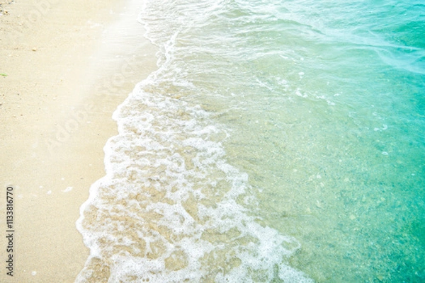Fototapeta Peaceful blue green sea waves shore. Ocean coast view. photo beachfront. Seaside exotic tropical nature landscape .Focus on beach wave, Noisy, exposure, similar others