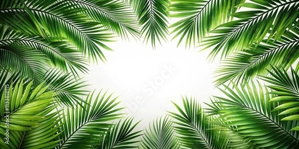 Fototapeta Overlay frame of fresh green jungle palm leaves on background, jungle, palm leaves, green, overlay, frame, tropical