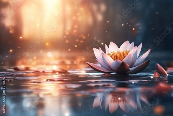 Fototapeta Serene Water Lily Blooming in Tranquil Pond at Sunset with Soft Light and Gentle Reflections Creating a Dreamy Atmosphere of Peace and Beauty