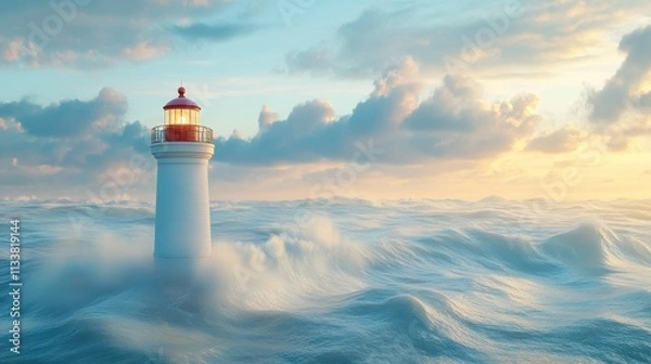 Fototapeta Lighthouse Guiding the Way at Sunset over Crashing Waves