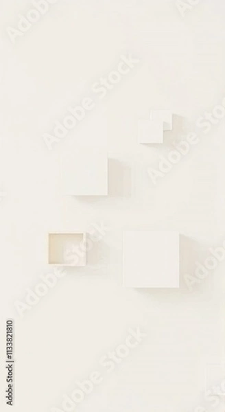 Obraz A modern abstract composition with floating squares and rectangles in soft beige and gray tones.