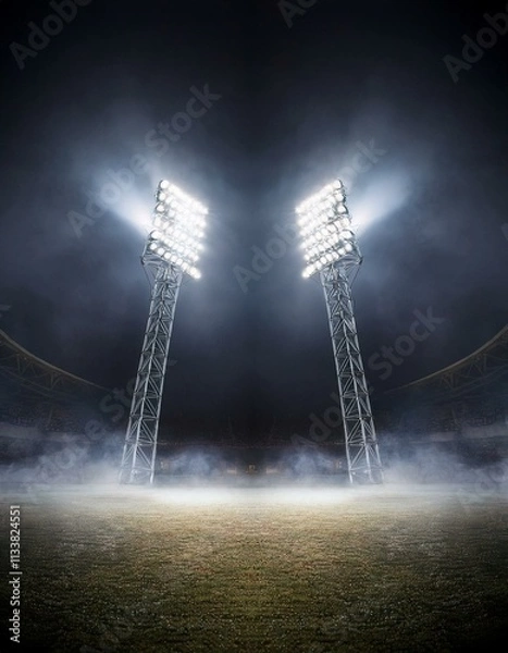 Fototapeta Night stadium lights illuminate empty field, creating a dramatic and atmospheric scene.