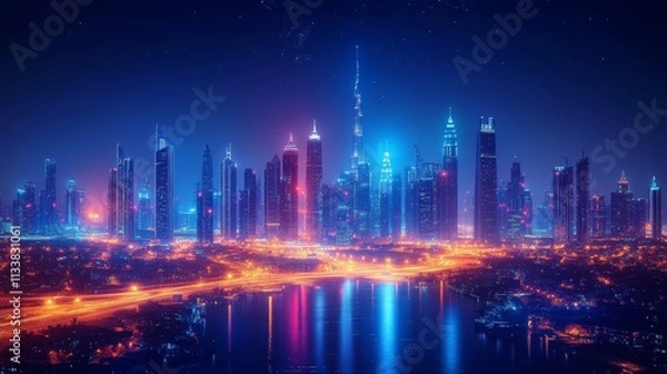 Fototapeta Spectacular view of modern city skyline with highways and skyscrapers at night.