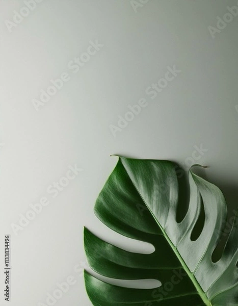 Fototapeta Single Monstera leaf on a gray background.