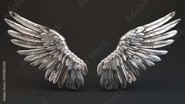Fototapeta 3D silver wings right and left, on a plain black background3D silver wings right and left, on a plain black background