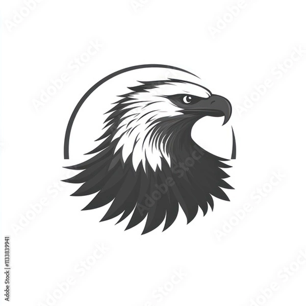 Fototapeta Monochrome eagle head emblem, stylized and outlined in a circular frame, highlighting the bird's powerful profile.