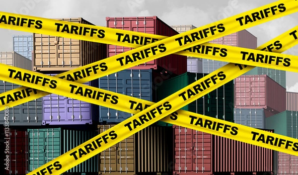Obraz Economic tariffs and government taxation or punative tariff trade policy or duties imposed on imports and exports by a government on imported or exported goods as Protectionism.