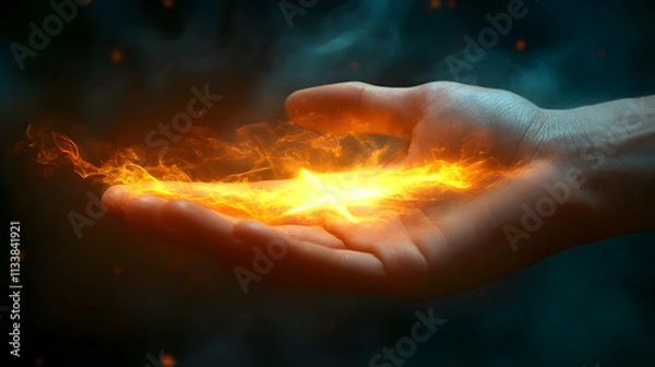 Fototapeta Hand Holds Fiery Star, Magic Energy, Mystical Power, Intense Glow, Burning Brightly,  Fantastic Visuals, Surreal Scene