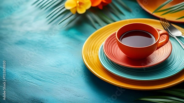 Obraz A vibrant table setting with colorful plates and a cup of coffee, surrounded by tropical decor.