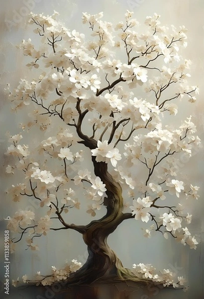 Fototapeta This digital artwork showcases a stunning bonsai tree adorned with delicate white blossoms. The intricate details of the branches and the soft hues create a sense of peace and tranquility.  