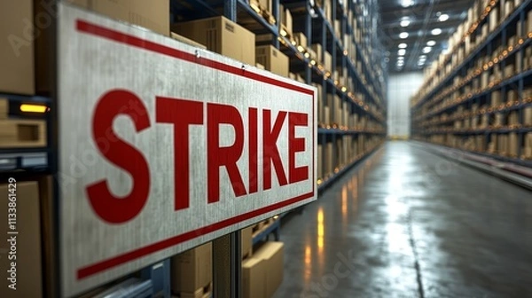 Fototapeta Distribution Warehouse Strike, Empty Aisles, Packages, and a Sign Demanding Better Conditions