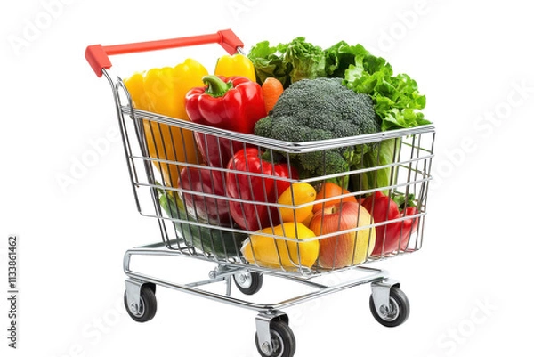 Fototapeta Classic Grocery Cart with a Metal Frame and Spacious Basket for Shopping Trips with isolated on transparent background