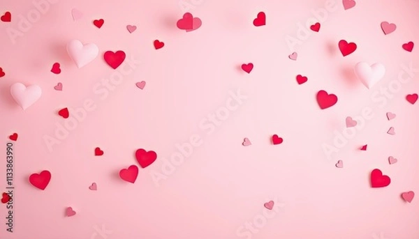 Fototapeta Pink and Red Hearts Scattered on a Pink Background