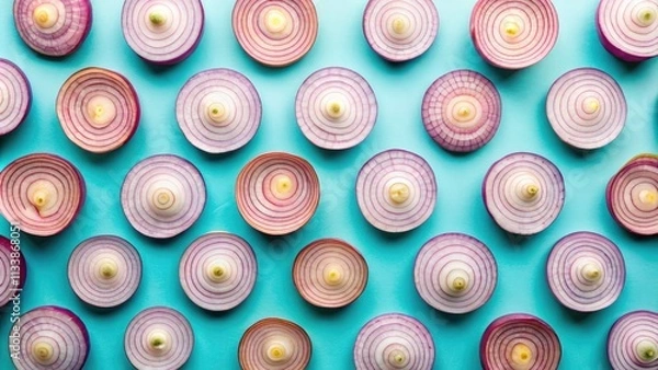 Fototapeta Sliced onions burst with color against a soft pastel background; a compelling overhead food shot.
