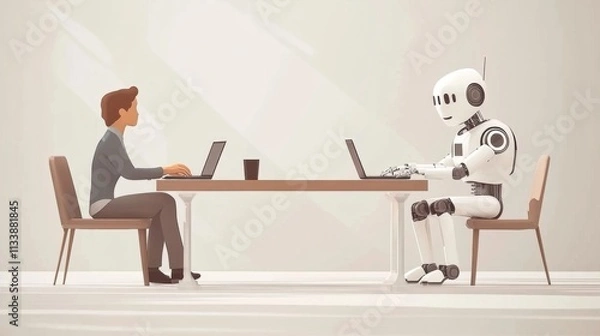 Fototapeta Humanoid robot and man working together in an office