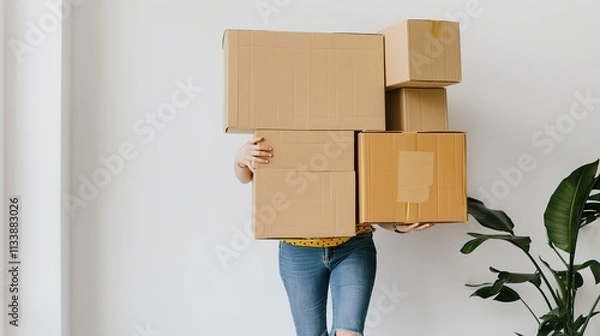 Fototapeta Person carrying a big stack of cardboard boxes on white background, showing the individual's effort and the load of boxes. The boxes' shape and the person's posture create a vivid scene of transportat