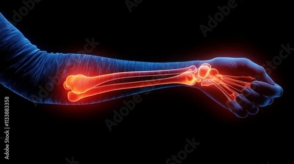 Fototapeta X-ray of two hands with glowing joints and bones in red and blue colors